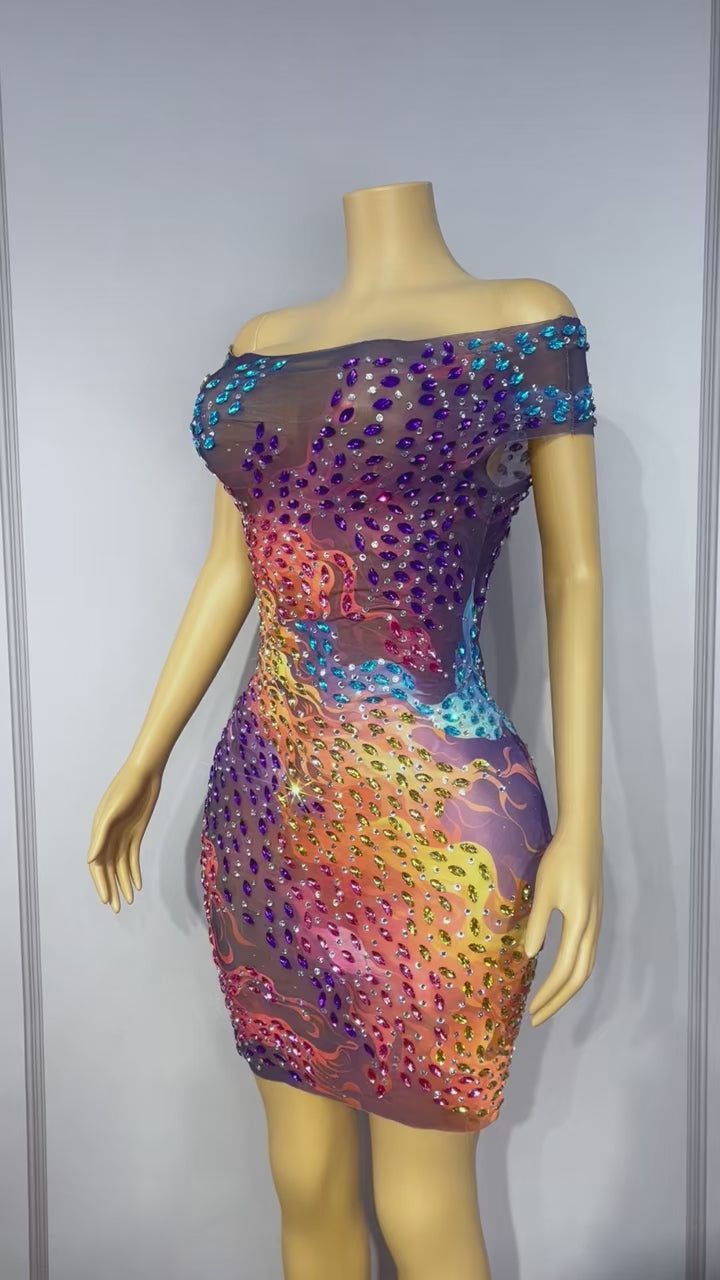 CELESINYI Hualin Crystal Flame Print One-Shoulder Mini Dress