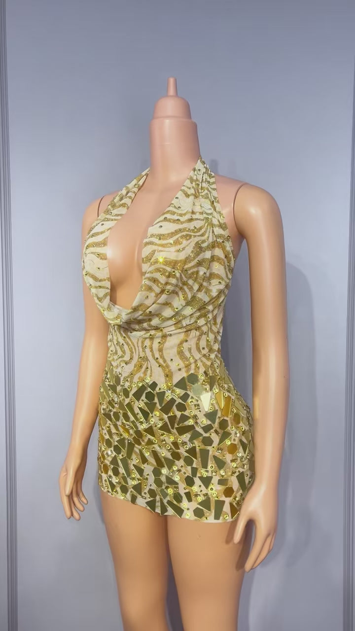 CELESINYI Jinsui Crystal Gold Open Back Mini Dress