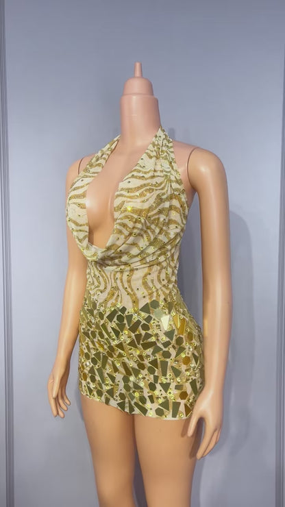 CELESINYI Jinsui Crystal Gold Open Back Mini Dress