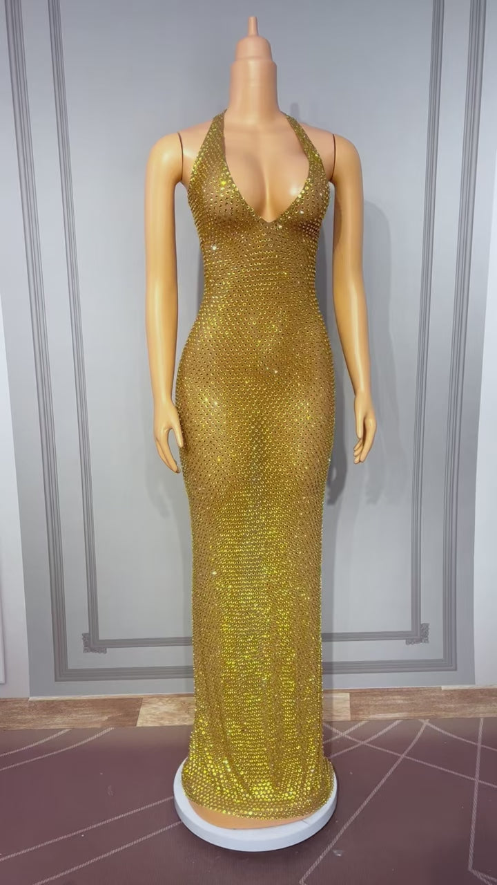 CELESINYI Jinmantang Crystal Gold Mesh Gown