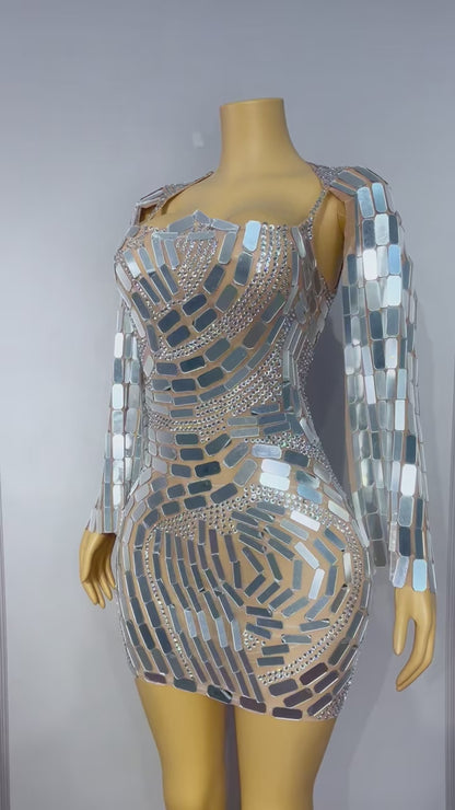 CELESINYI Boke Silver Mosaic Crystal Mini Dress