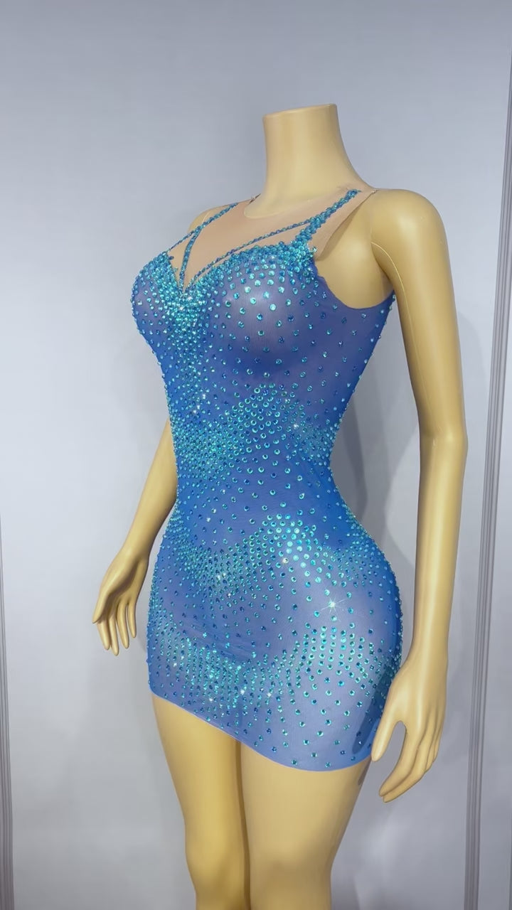 CELESINYI Qingshuiliu Crystal Blue Wave Mini Dress