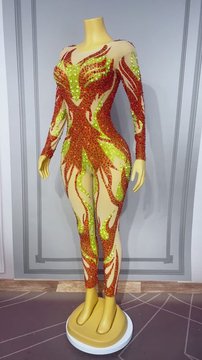 CELESINYI Chiyan Crystal Flame Print Party Dress