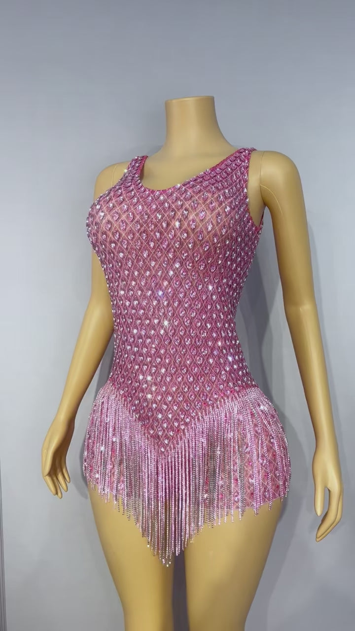 CELESINYI Taohuayan Crystal Pink Fringe Bodysuit