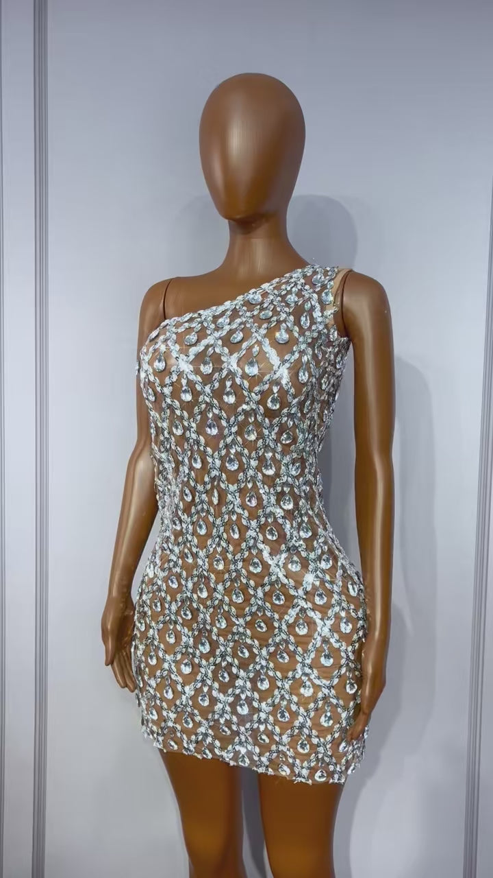 CELESINYI Danjian Crystal One-Shoulder Glitter Mini Dress