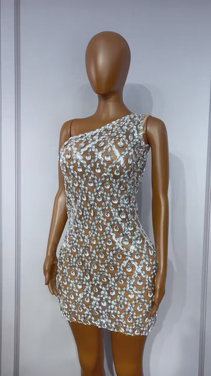 CELESINYI Danjian Crystal One-Shoulder Glitter Mini Dress