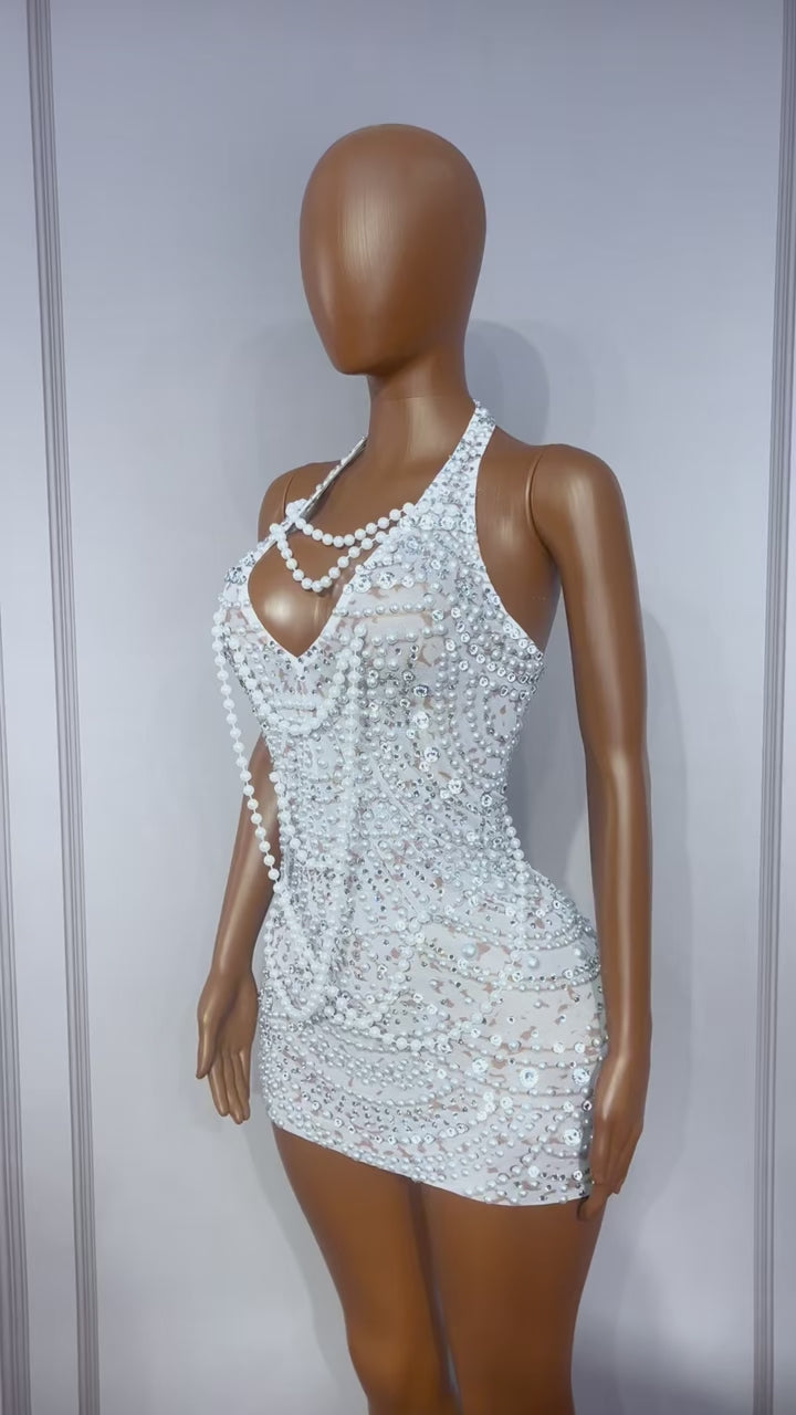 CELESINYI Tianxianbaobao Crystal Pearl Halter Mini Dress