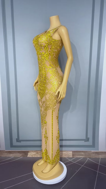 Dajin Gold Rhinestone Sleeveless Dress for Party