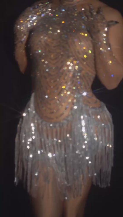 Diaodeng Elastic Perspective Crystal Dresses with Gloves