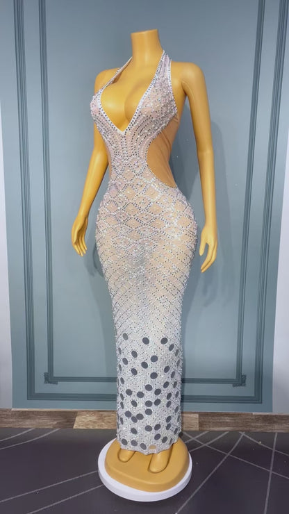 Langchao Strapless Deep V-Neck Pearl and Rhinestone Mirror Long Dress