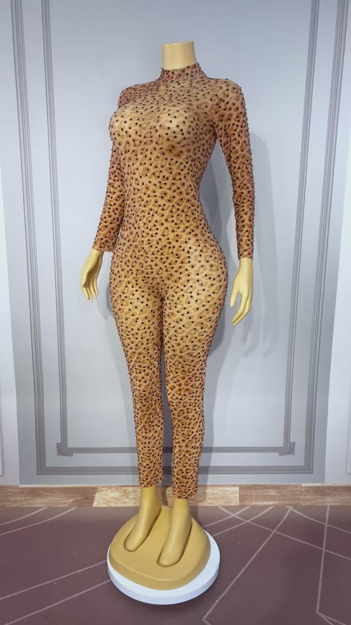 CELESINYI Baozi Crystal Leopard Stud Catsuit