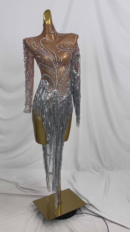 Fumao Silver Rhinestone Pearls Tassel Event Party Dress