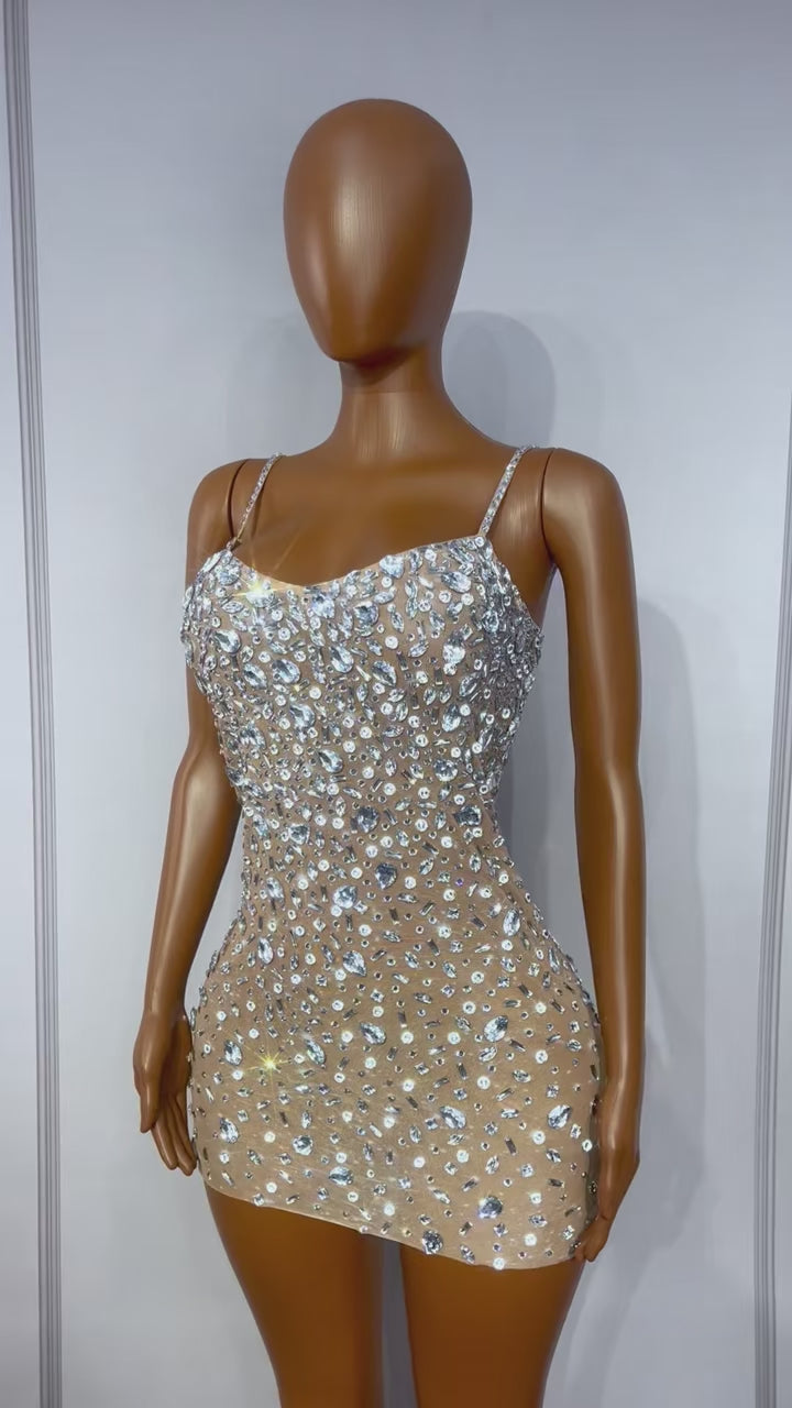 CELESINYI Xingshanshan Crystal Sparkle Mini Dress (Nude)