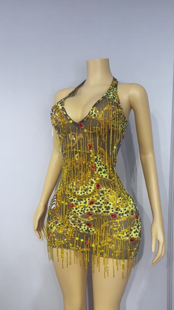 CELESINYI Dajinlian Crystal Leopard Gold Chain Dress
