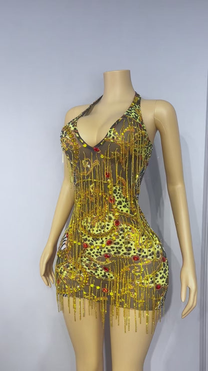 CELESINYI Dajinlian Crystal Leopard Gold Chain Dress