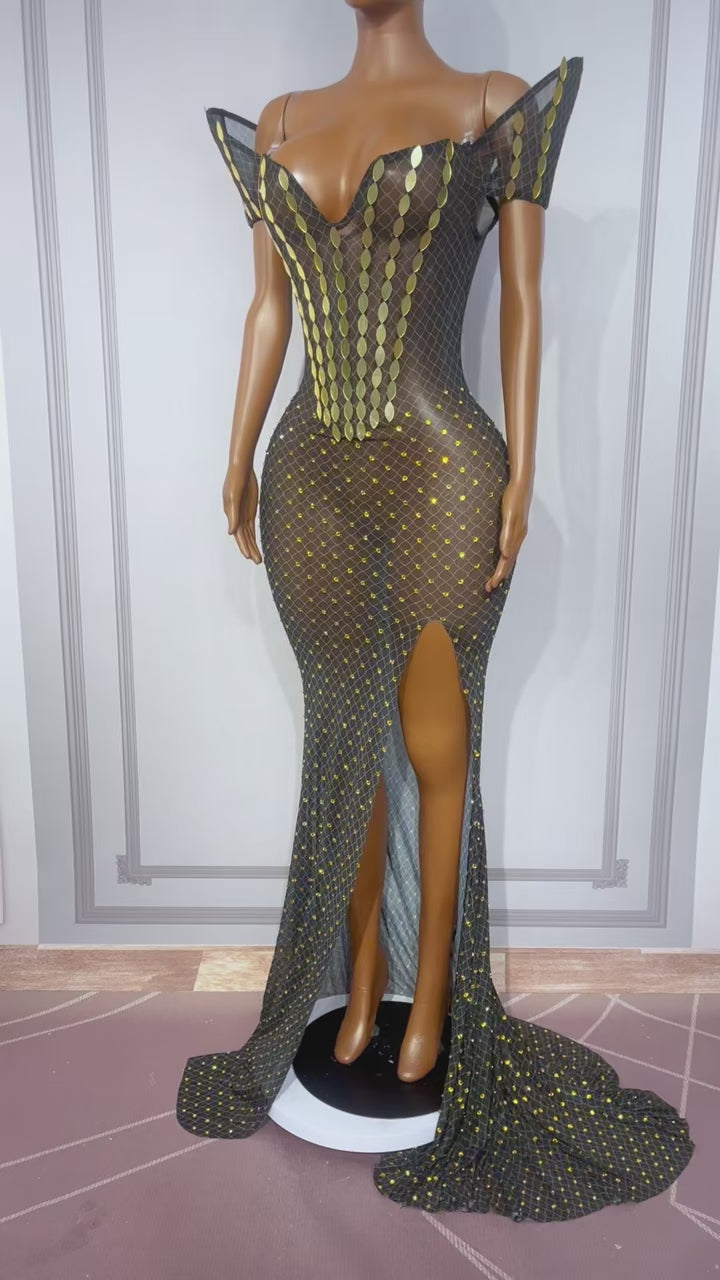 CELESINYI Huangliupian Crystal Gold Willow Mermaid Gown