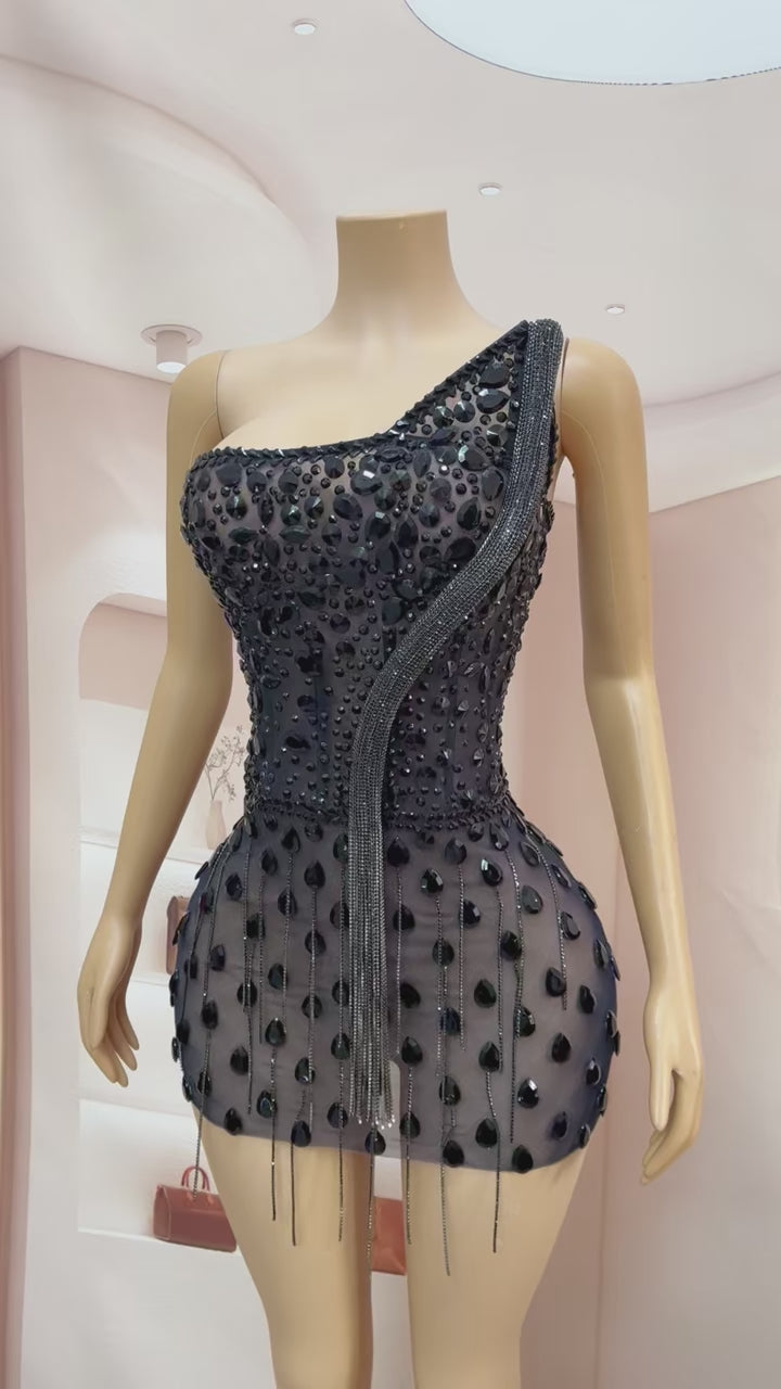 CELESINYI Shedanqun Crystal Black Pearl Fringe Mini Dress