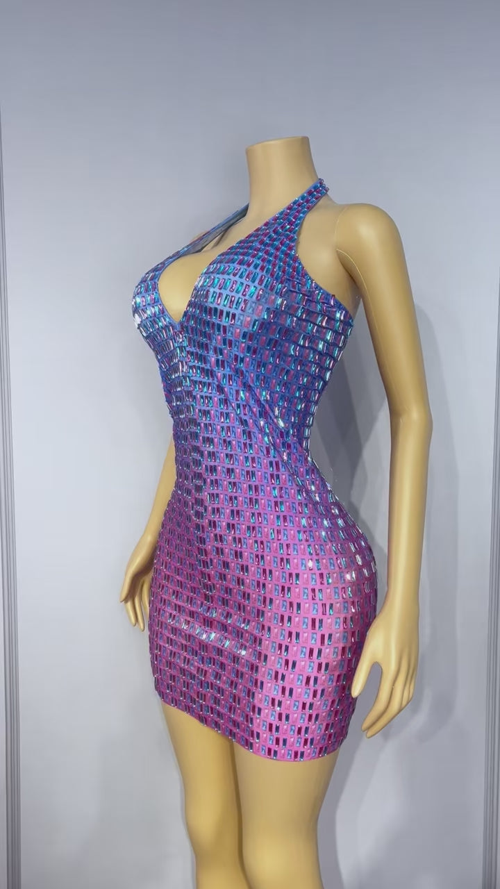CELESINYI Binghuojia Crystal Gradient Mini Dress