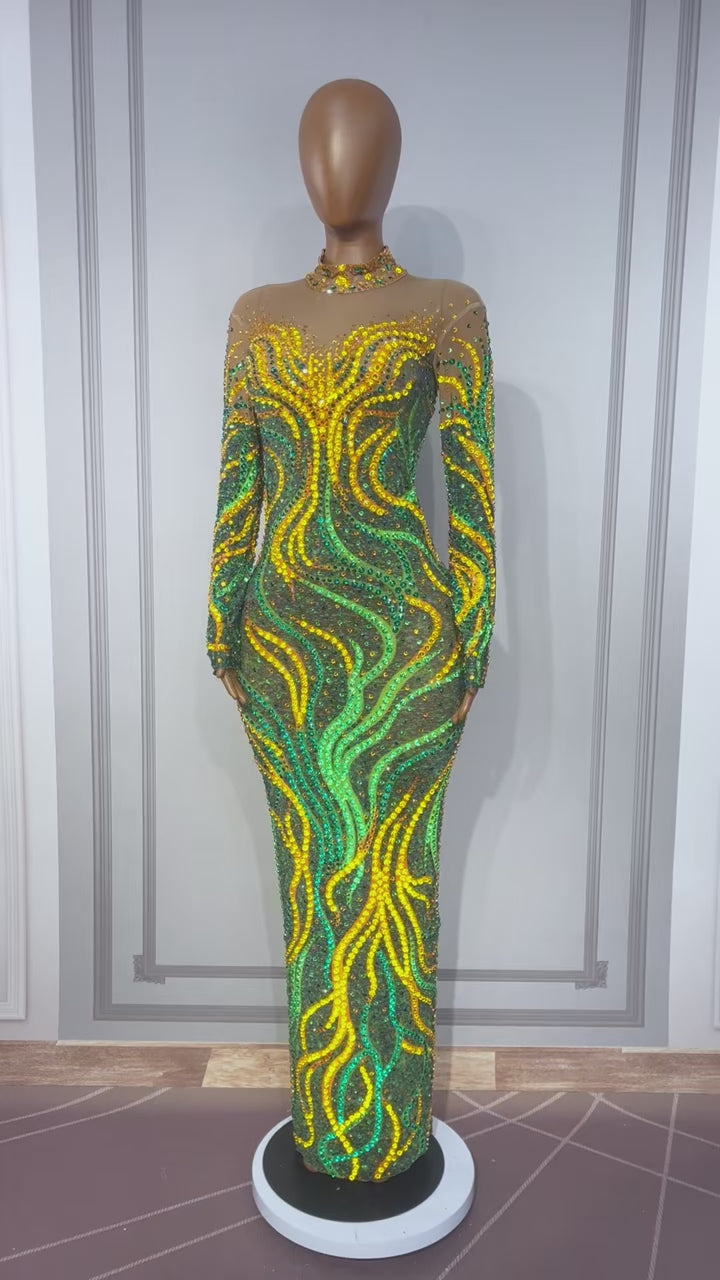 CELESINYI Shuren Crystal Tree Print Long Sleeve Gown