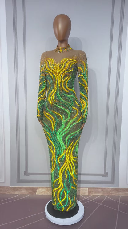 CELESINYI Shuren Crystal Tree Print Long Sleeve Gown