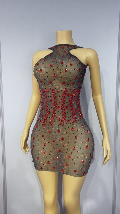 CELESINYI Hongyanyan Crystal Flame Halter Mini Dress