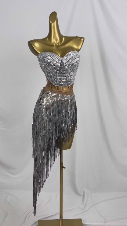 Weijing Silver Sequins Tassel Mini Skirt Crop Tops 2 Pieces Set