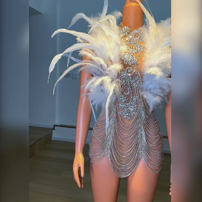 Majia White Feather Diamonds Chains Short Dress