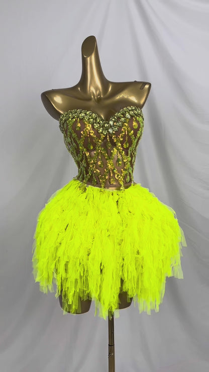 Qingtai Gold Rhinestone Crop Top Mini Skirt 2Pieces Set