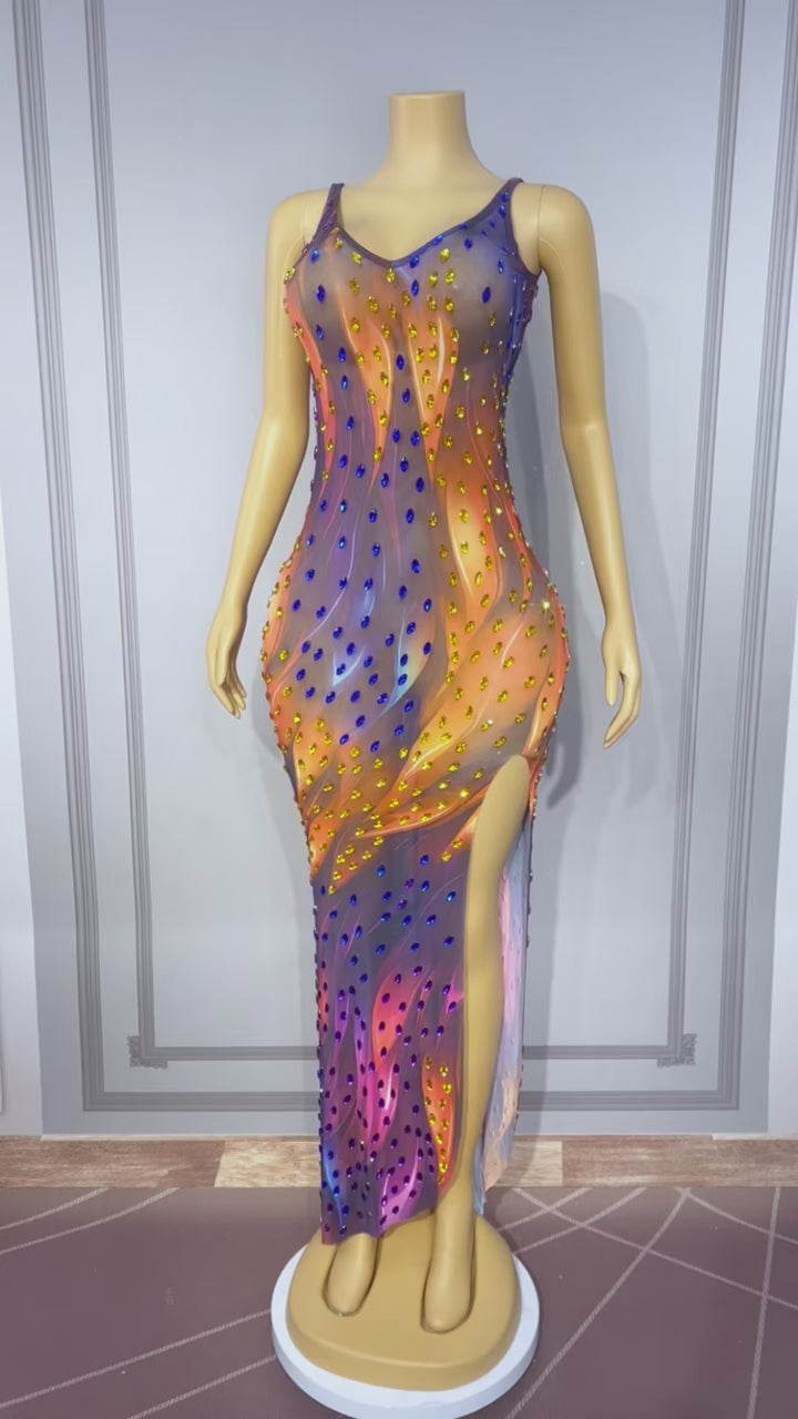 CELESINYI Caidi Crystal Flame Gradient Slit Gown