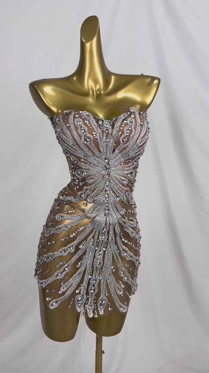 Youtiao Silver Rhinestones Embroidery Mesh Bodycon Mini Fake 2 Pieces Dress