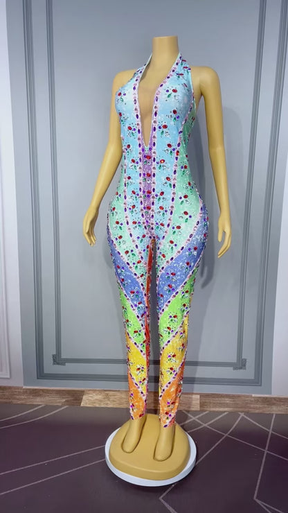 Caiguangku Colorful Printed Diamond Jumpsuit