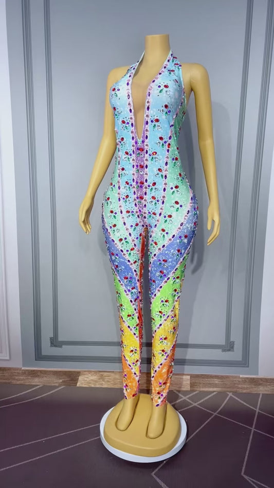 Caiguangku Colorful Printed Diamond Jumpsuit