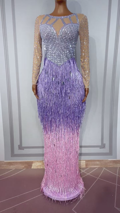 CELESINYI Piaoliu Crystal Lavender Fringe Gown