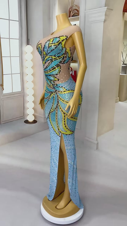 CELESINYI Fengdie Crystal Butterfly Print Dress