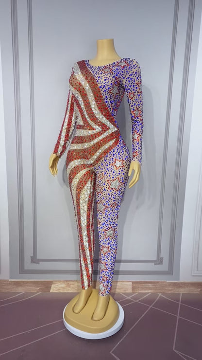Meishi Rhinestone American Style Hip Hop Dance Jumpsuit