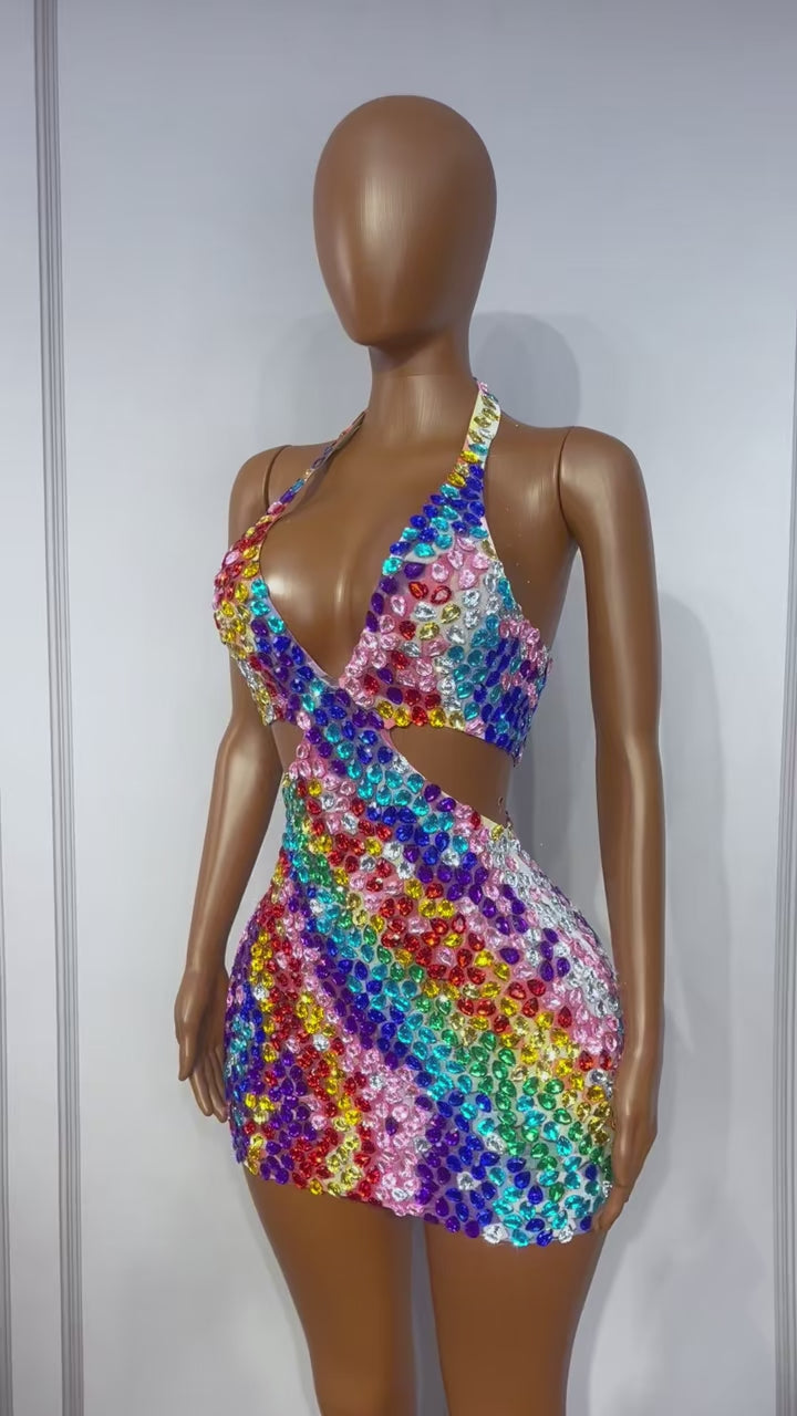 CELESINYI Youhuapan Rainbow Crystal Halter Mini Dress