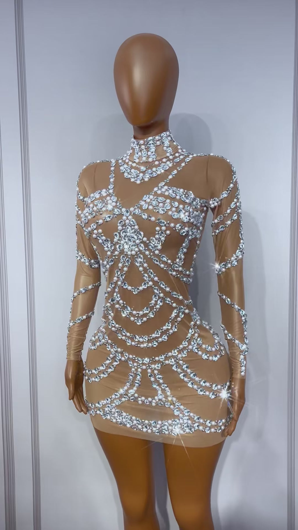 CELESINYI Zhenzhulian Crystal Pearl Long Sleeve Mini Dress