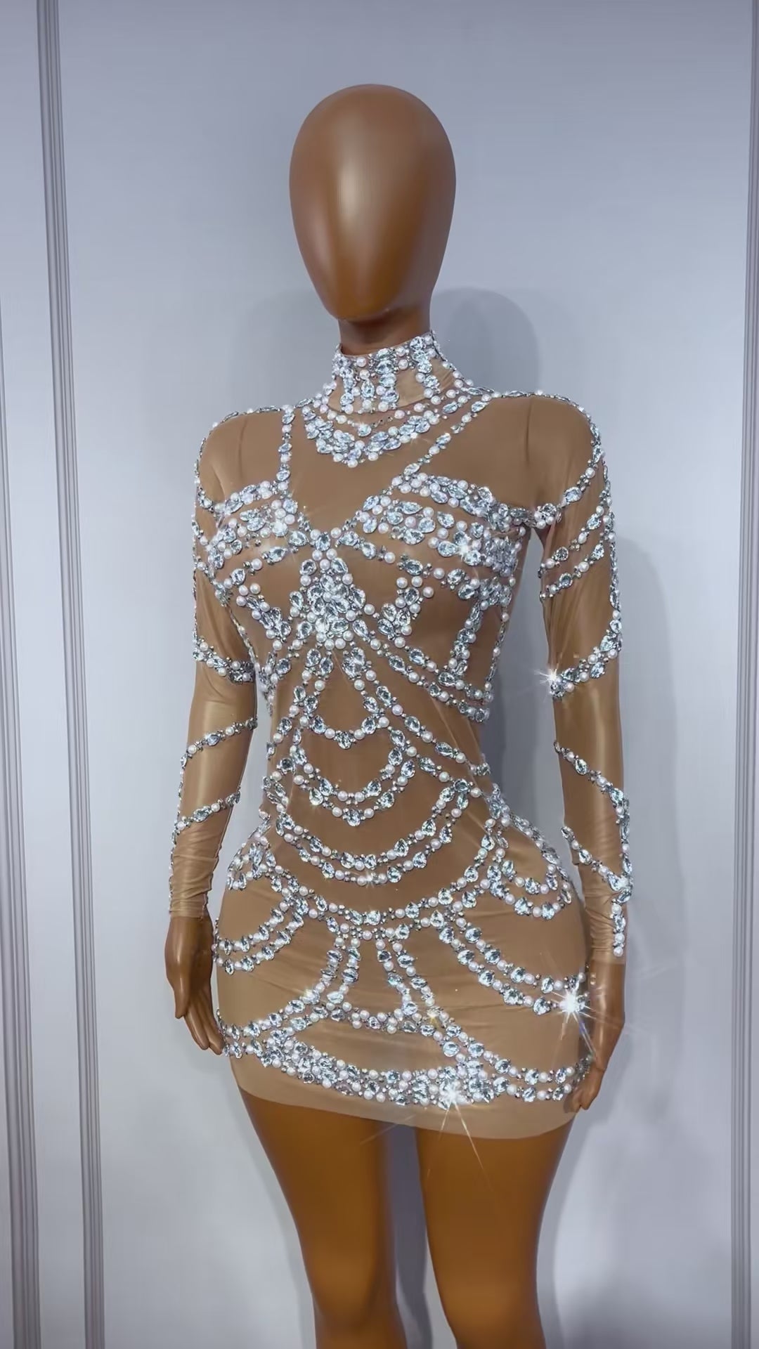 CELESINYI Zhenzhulian Crystal Pearl Long Sleeve Mini Dress