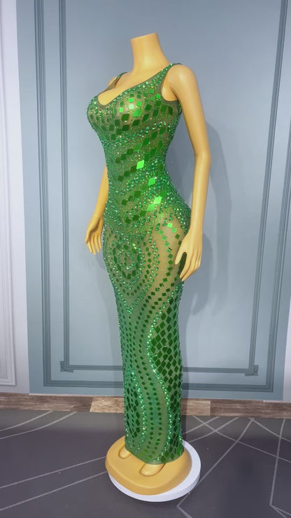 Lvyijingpian Green Lens Diamond Maxi Dress