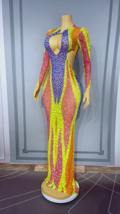Liucai Colorful Hollow-out Diamond Long Dress