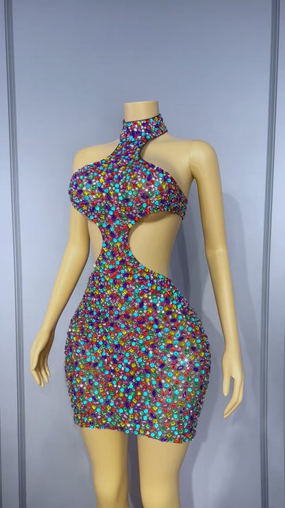 Nihongdeng Colorful Diamond Hollow-Out Dress