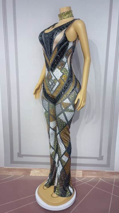Luomacazhuan Rhinestone Roman Mosaic Print Stage Dress