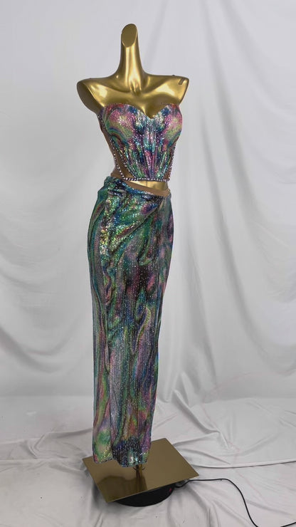 Huancai Women Sparkle Sequined Rhinestone 2-Piece Long Dress