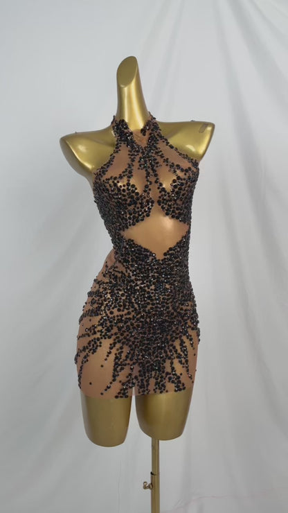 Huatuo Sparkly Black Crystal Prom Dresses