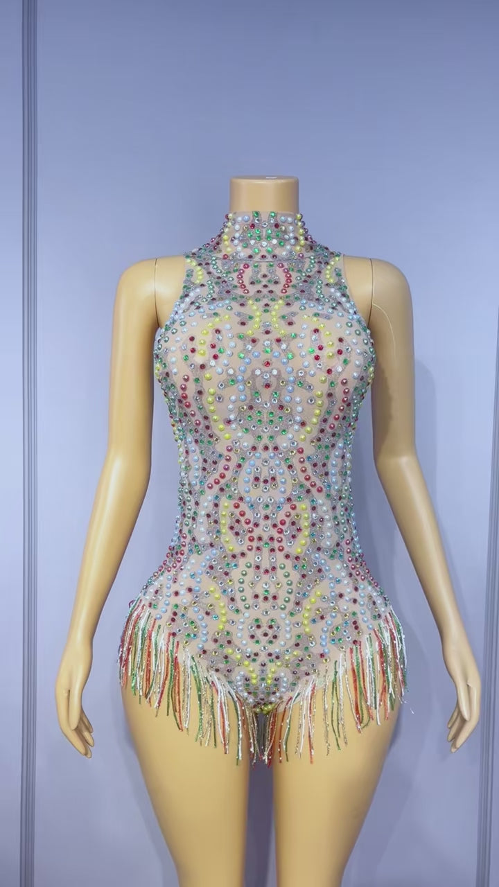 CELESINYI Caihongqiao Rainbow Crystal Fringe Bodysuit