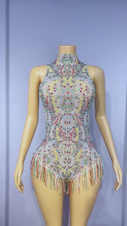 CELESINYI Caihongqiao Rhinestone Rainbow Party Dress