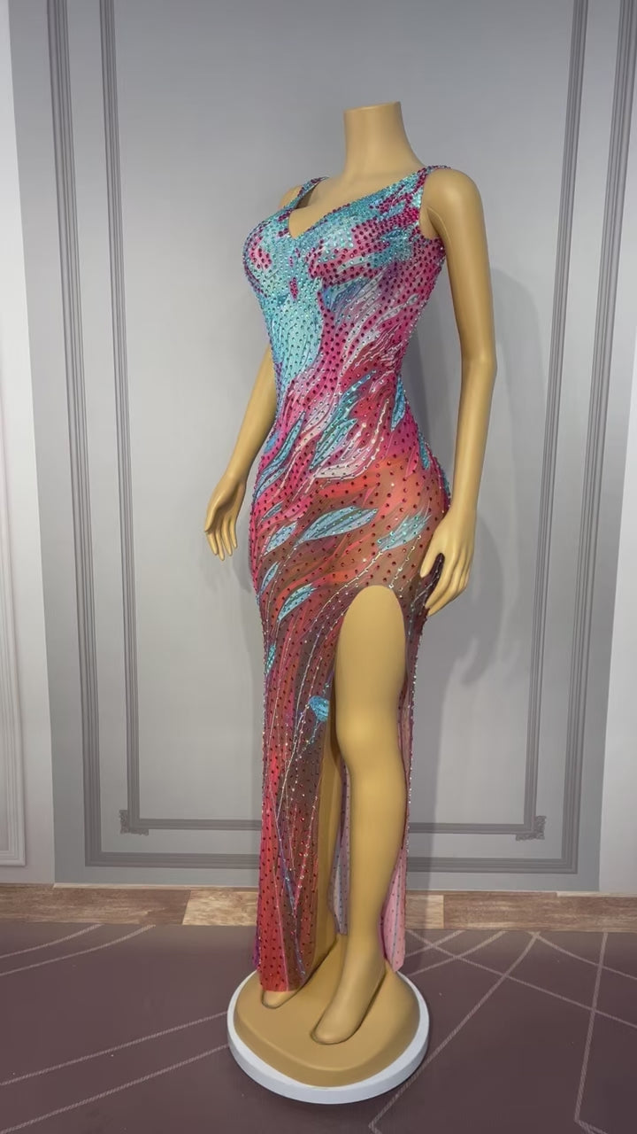 CELESINYI Haizhongye Crystal Ocean Print Slit Gown