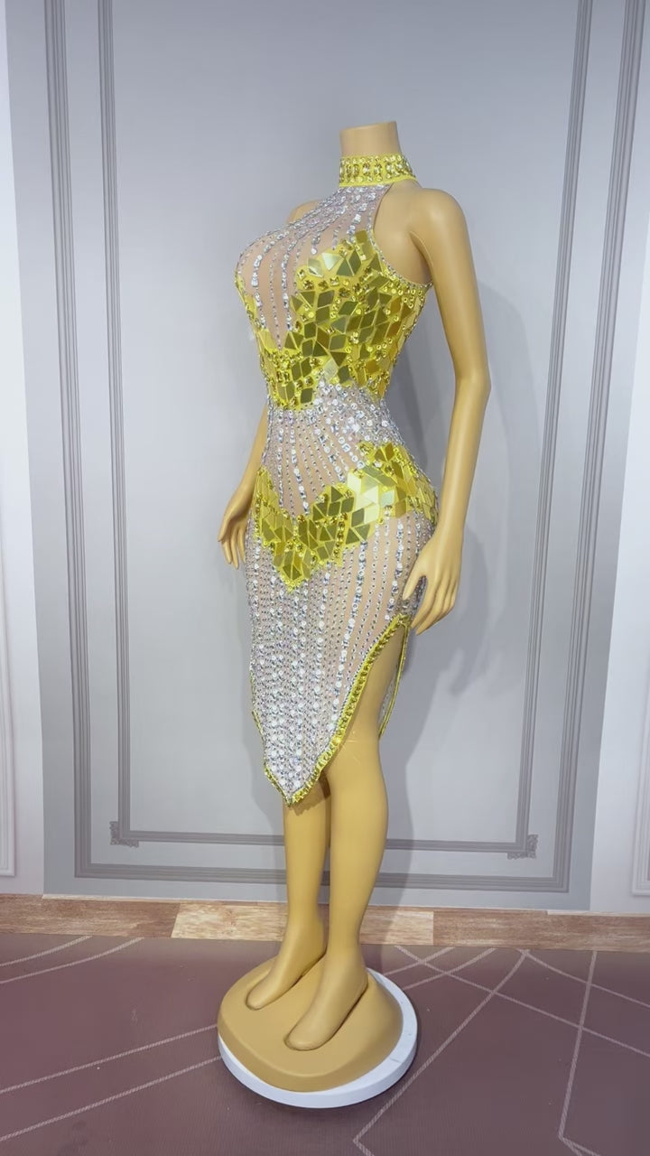 CELESINYI Qianhuangpian Crystal Gold Mirror Dress