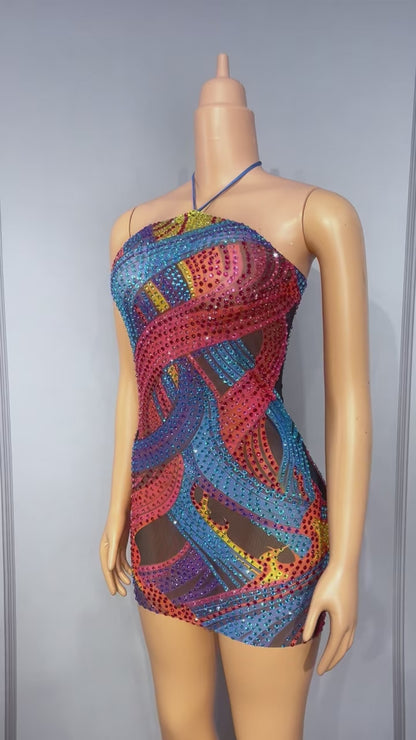 CELESINYI Caiqi Crystal Paint Print Halter Mini Dress