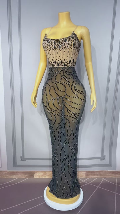 Bianfuyi Black Rhinestone Strapless Color-Blocked Maxi Dress